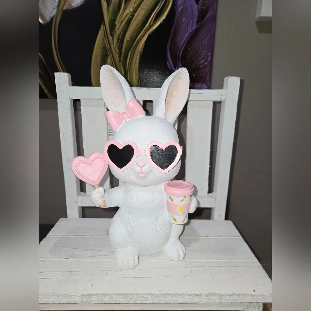 Easter Bunny Girl With Pink Sunglasses, Coffee And Heart Lollipop